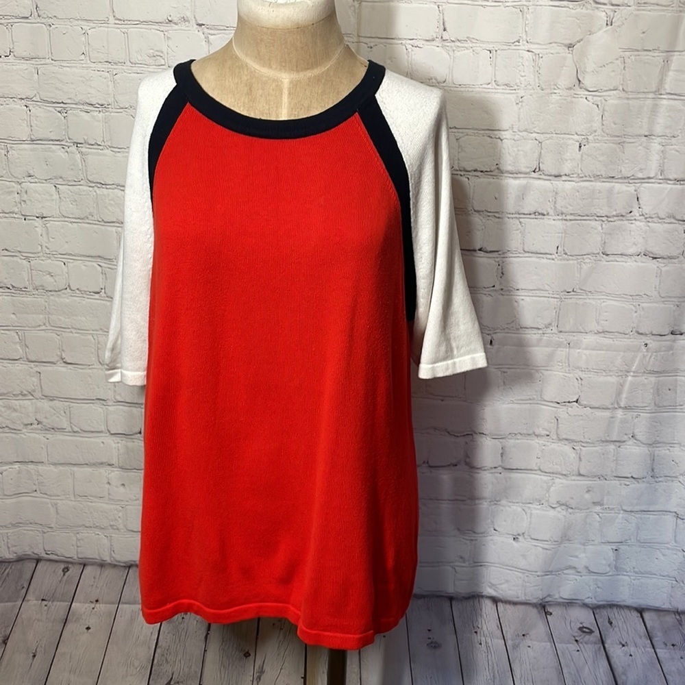 Jones New York Signature Red Colorblock Raglan Short Sleeve Sweater XL Black